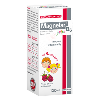 Magnefar B6 Junior, płyn dla dzieci od 3 lat i dorosłych, smak malinowy, 120 ml USZKODZONE OPAKOWANIE - zdjęcie produktu