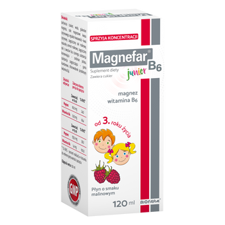Magnefar B6 Junior, płyn dla dzieci od 3 lat i dorosłych, smak malinowy, 120 ml - zdjęcie produktu
