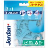 Jordan Flosser 3w1, nić dentystyczna, wykałaczka, czyścić do języka, 36 + 14 sztuk - miniaturka zdjęcia produktu