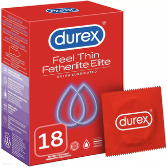 Durex Feel Thin Fetherlite Elite, prezerwatywy z większą ilością żelu nawilżającego, cieńsze, 18 sztuk - zdjęcie produktu
