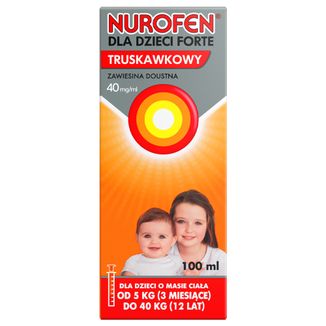 Nurofen dla dzieci Forte truskawkowy 40 mg/ ml, zawiesina doustna, od 3 miesiąca do 12 lat, 100 ml - zdjęcie produktu