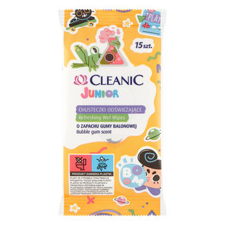 Cleanic Junior, chusteczki odświeżające z płynem antybakteryjnym, zapach gumy balonowej, 15 sztuk - zdjęcie produktu