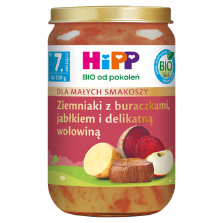 HiPP BIO od pokoleń, ziemniaki z buraczkami, jabłkiem i delikatną wołowiną, po 7 miesiącu, 220 g - zdjęcie produktu