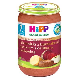 HiPP Danie Bio, ziemniaki z buraczkami, jabłkiem i delikatną wołowiną, po 7 miesiącu, 220 g - zdjęcie produktu