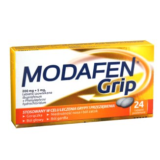 Modafen Grip 200 mg + 5 mg, 24 tabletki Modafen Grip 200 mg + 5 mg, 24 tabletki - zdjęcie produktu