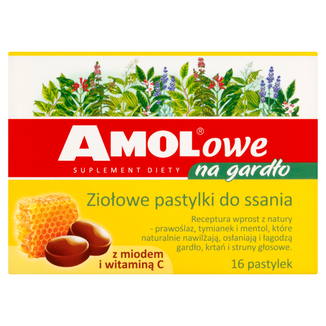 AMOLowe na Gardło, ziołowe pastylki do ssania z miodem i witaminą C, 16 sztuk - zdjęcie produktu