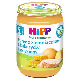 HiPP Danie Bio, puree z ziemniaczków z kukurydzą i indykiem, po 5 miesiącu, 190 g. - zdjęcie produktu