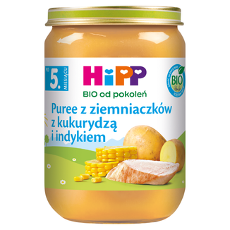 HiPP Danie Bio, puree z ziemniaczków z kukurydzą i indykiem, po 5 miesiącu, 190 g. - zdjęcie produktu