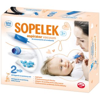 Sopelek 3+, aspirator do nosa, od urodzenia, vacuum + adapter + filtry do aspiratora, jednorazowe, 10 sztuk + podkłady higieniczne, 2 sztuki USZKODZONE OPAKOWANIE - zdjęcie produktu