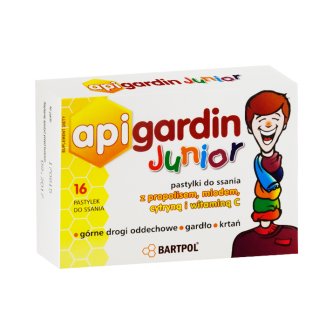 Api Gardin Junior, z Propolisem, miodem, cytryną i witaminą C, 16 pastylek do ssania Api Gardin Junior, z Propolisem, miodem, cytryną i witaminą C, 16 pastylek do ssania - zdjęcie produktu