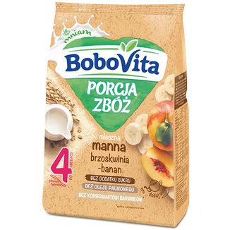 BoboVita Porcja Zbóż Kaszka manna, brzoskwinia-banan, mleczna, bez dodatku cukru, po 4 miesiącu, 210 g - zdjęcie produktu