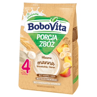 BoboVita Porcja Zbóż Kaszka manna, brzoskwinia-banan, mleczna, bez dodatku cukru, po 4 miesiącu, 210 g BoboVita Porcja Zbóż Kaszka manna, brzoskwinia-banan, mleczna, bez dodatku cukru, po 4 miesiącu, 210 g - zdjęcie produktu
