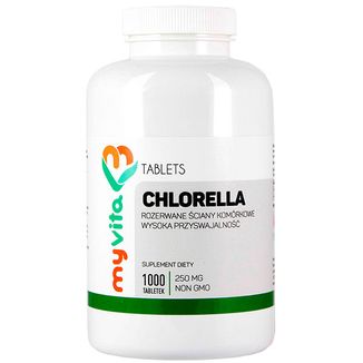 MyVita Chlorella, rozerwane ściany komórkowe, 1000 tabletek USZKODZONE OPAKOWANIE MyVita Chlorella, rozerwane ściany komórkowe, 1000 tabletek USZKODZONE OPAKOWANIE - zdjęcie produktu