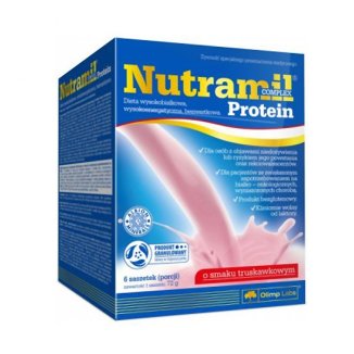 Olimp Nutramil Complex Protein, preparat odżywczy, smak truskawkowy, 72 g x 6 saszetek USZKODZONE OPAKOWANIE - zdjęcie produktu