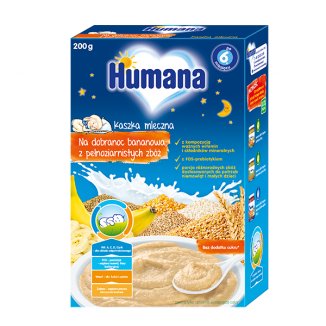Humana Na Dobranoc Kaszka bananowa z pełnoziarnistych zbóż, mleczna, bez dodatku cukru, po 6 miesiącu, 200 g KRÓTKA DATA - zdjęcie produktu