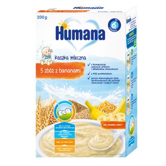 Humana Kaszka 5 zbóż z bananami, mleczna, bez dodatku cukru, po 6 miesiącu, 200 g KRÓTKA DATA - zdjęcie produktu