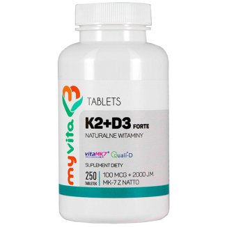 MyVita, Naturalna witamina K2 + D3 100 mcg + 2000 IU FORTE, 250 tabletek - zdjęcie produktu