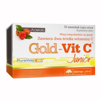 Olimp Gold-Vit C Junior, smak malinowy, 15 saszetek USZKODZONE OPAKOWANIE Olimp Gold-Vit C Junior, smak malinowy, 15 saszetek USZKODZONE OPAKOWANIE - zdjęcie produktu