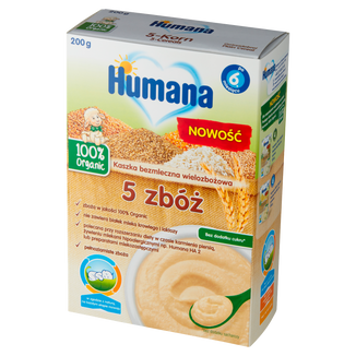 Humana 100% Organic Kaszka 5 zbóż, bezmleczna, bez dodatku cukru, po 6 miesiącu, 200 g - zdjęcie produktu