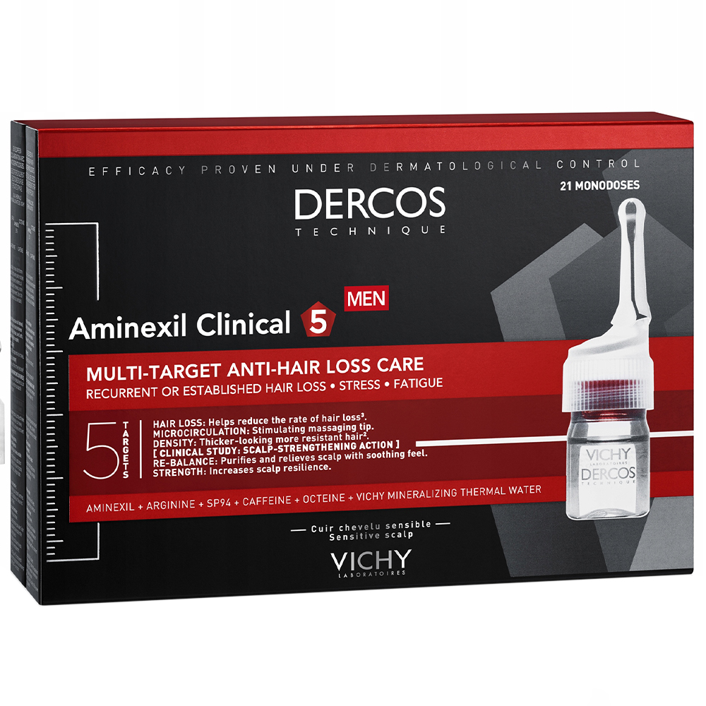 Vichy Vichy Dercos Aminexil Clinical 5, Kur gegen Haarausfall für Herren, 6 ml x 21 Ampullen — Inhaltsstoffe und Bewertung