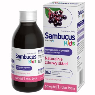 Sambucus Kids, syrop dla dzieci powyżej 1 roku życia, smak malinowy, 120 ml USZKODZONE OPAKOWANIE - zdjęcie produktu