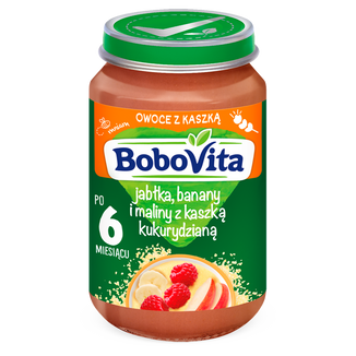 BoboVita Deser, jabłka, banany i maliny z kleikiem kukurydzianym, po 6 miesiącu, 190 g - zdjęcie produktu