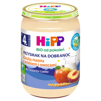 HiPP Przysmak na Dobranoc Kaszka manna z mlekiem i owocami Bio, bez dodatku cukru, po 4 miesiącu, 190 g - zdjęcie produktu