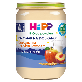 HiPP Przysmak na Dobranoc Kaszka manna z mlekiem i owocami Bio, bez dodatku cukru, po 4 miesiącu, 190 g - zdjęcie produktu