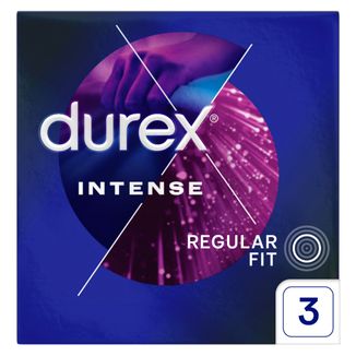 Durex Intense, prezerwatywy z żelem stymulującym, prążkowane z wypustkami, 3 sztuki - zdjęcie produktu