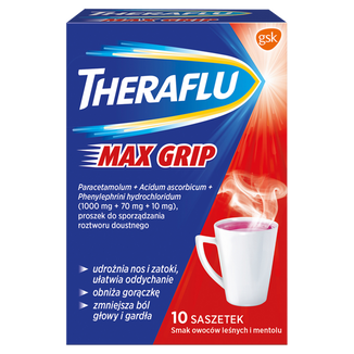 Theraflu Max Grip 1000 mg + 70 mg + 10 mg, proszek do sporządzania roztworu doustnego, smak owoców leśnych i mentolu, 10 saszetek  - zdjęcie produktu