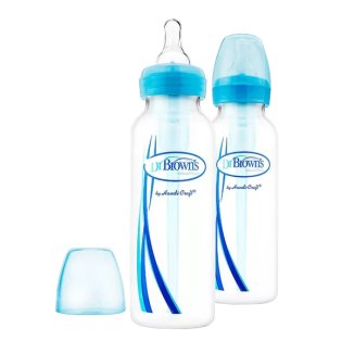 Dr Brown's Options+, butelka antykolkowa Standard z wąską szyjką i smoczkiem w rozmiarze 1, niebieska, od urodzenia, 2 x 250 ml - zdjęcie produktu
