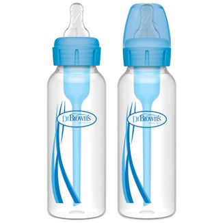 Dr Brown's Options+, butelka antykolkowa Standard z wąską szyjką i smoczkiem w rozmiarze 1, niebieska, od urodzenia, 2 x 250 ml - zdjęcie produktu