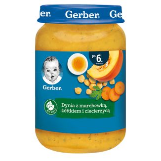 Gerber Obiadek, dynia z marchewką, żółtkiem i ciecierzycą, po 6 miesiącu, 190 g - zdjęcie produktu