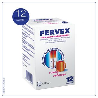 Fervex 500 mg + 200 mg + 25 mg, granulat do sporządzania roztworu doustnego, smak malinowy, 12 saszetek - zdjęcie produktu