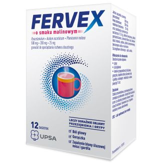 Fervex 500 mg + 200 mg + 25 mg, granulat do sporządzania roztworu doustnego, smak malinowy, 12 saszetek - zdjęcie produktu