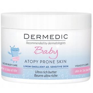 Dermedic Linum Emolient Baby, masło intensywnie natłuszczające do twarzy i ciała od 1 dnia życia, skóra sucha, bardzo sucha i atopowa, 225 g - zdjęcie produktu