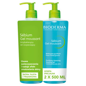 Bioderma Sebium Gel Moussant, antybakteryjny żel do mycia twarzy, 2 x 500 ml - zdjęcie produktu