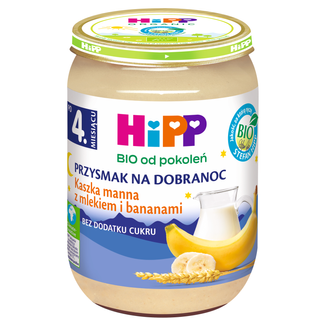 HiPP Przysmak na Dobranoc Kaszka manna z mlekiem i bananami Bio, bez dodatku cukru, po 4 miesiącu, 190 g - zdjęcie produktu