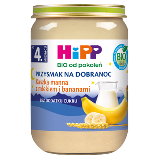 HiPP Przysmak na Dobranoc Kaszka manna z mlekiem i bananami Bio, bez dodatku cukru, po 4 miesiącu, 190 g - zdjęcie produktu