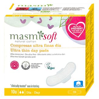 Masmi Natural Cotton Soft, podpaski higieniczne z organicznej bawełny, ze skrzydełkami, na dzień, ultracienkie, 10 sztuk - zdjęcie produktu