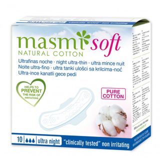 Masmi Soft Ultra Night, ultracienkie podpaski z organicznej bawełny, ze skrzydełkami, na noc, 10 sztuk USZKODZONE OPAKOWANIE - zdjęcie produktu