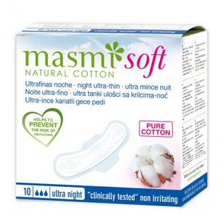 Masmi Soft Ultra Night, ultracienkie podpaski z organicznej bawełny, ze skrzydełkami, na noc, 10 sztuk - zdjęcie produktu
