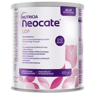 Neocate LCP, dla niemowląt z alergią na białka mleka krowiego i złożoną nietolerancją białek pokarmowych, 0-12 miesięcy, smak neutralny, 400 g - zdjęcie produktu