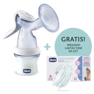 Chicco, laktator manualny NaturalFeeling, od urodzenia + wkładki laktacyjne, 60 sztuk - zdjęcie produktu