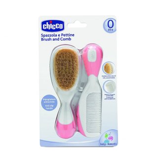 Chicco, szczotka do włosów z naturalnego włosia + grzebyk, różowa, od urodzenia - zdjęcie produktu