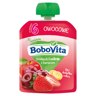 BoboVita Mus w tubce, truskawki i wiśnie z bananem, po 6 miesiącu, 80 g KRÓTKA DATA - zdjęcie produktu