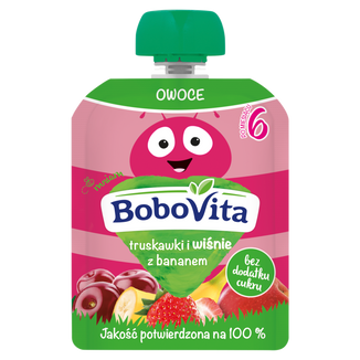 BoboVita Mus w tubce, truskawki i wiśnie z bananem, po 6 miesiącu, 80 g KRÓTKA DATA - zdjęcie produktu