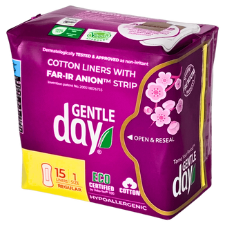 Gentle Day, wkładki ekologiczne do codziennego stosowania z paskiem anioniowym, rozmiar 1, na dzień, 15 sztuk - zdjęcie produktu