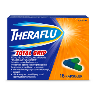 Theraflu Total Grip 500 mg + 6,1 mg + 100 mg, 16 kapsułek USZKODZONE OPAKOWANIE Theraflu Total Grip 500 mg + 6,1 mg + 100 mg, 16 kapsułek USZKODZONE OPAKOWANIE - zdjęcie produktu