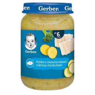 Gerber Obiadek, rybka z ziemniaczkami, cukinią i brokułami, po 6 miesiącu, 190 g USZKODZONE OPAKOWANIE Gerber Obiadek, rybka z ziemniaczkami, cukinią i brokułami, po 6 miesiącu, 190 g USZKODZONE OPAKOWANIE - zdjęcie produktu